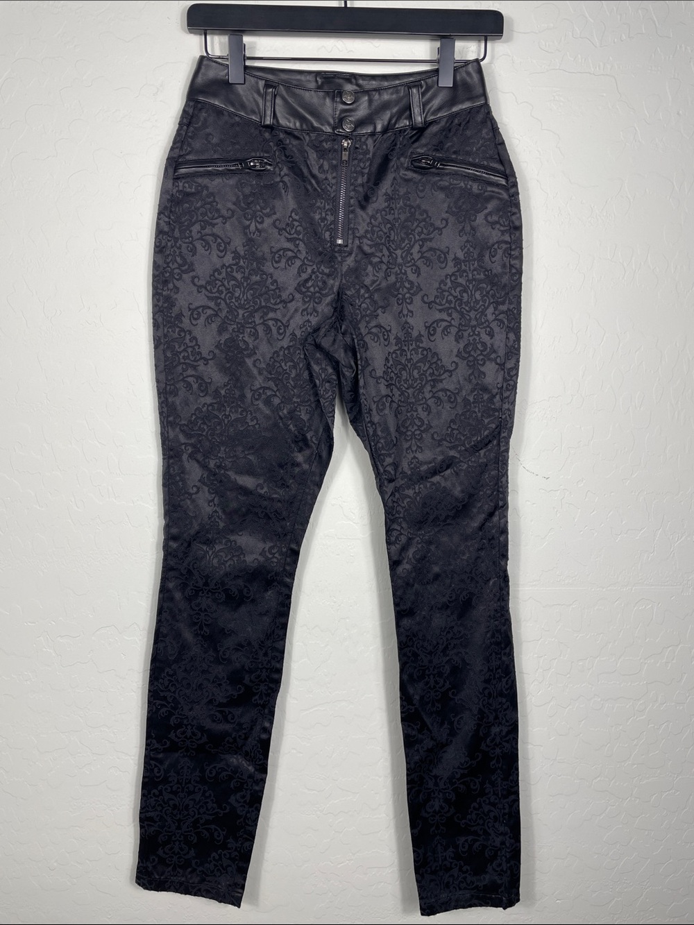 Killstar Black Brocade Skinny Pants with Faux Leather Waist